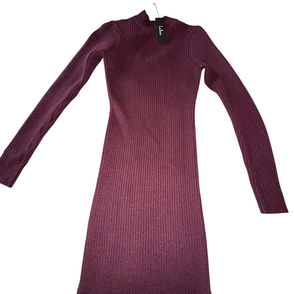 Lulus Plum Burgundy Ribbed Mock Neck Long Sleeve Maxi Dress‎ Small - Picture 2 of 6